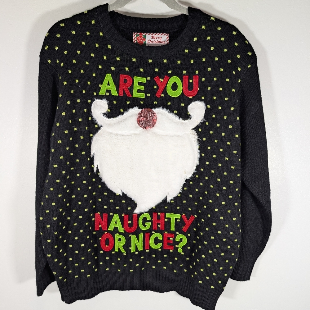 Merry Christmas Black Santa Sweater Are You Naughty Or Nice Size L